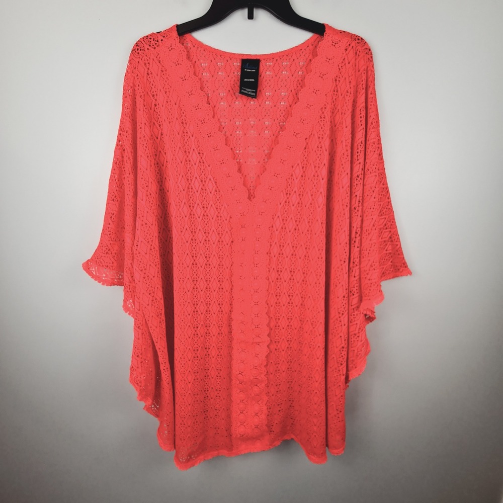 Catalina Women 3X Neon Pink Crochet Lace V-Neck Swim Coverup Kimono CTP37904
